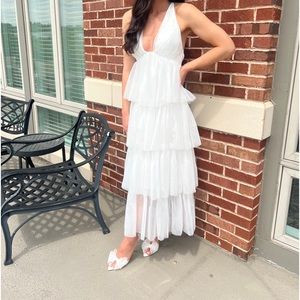 AUGUSTE TIERED FRILL MIDI DRESS WHITE- Selfie Leslie